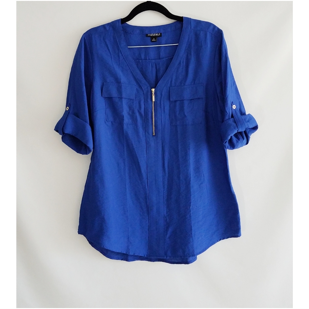 🌺ROZ & ALI Blue Long Sleeve Zipper Design Top